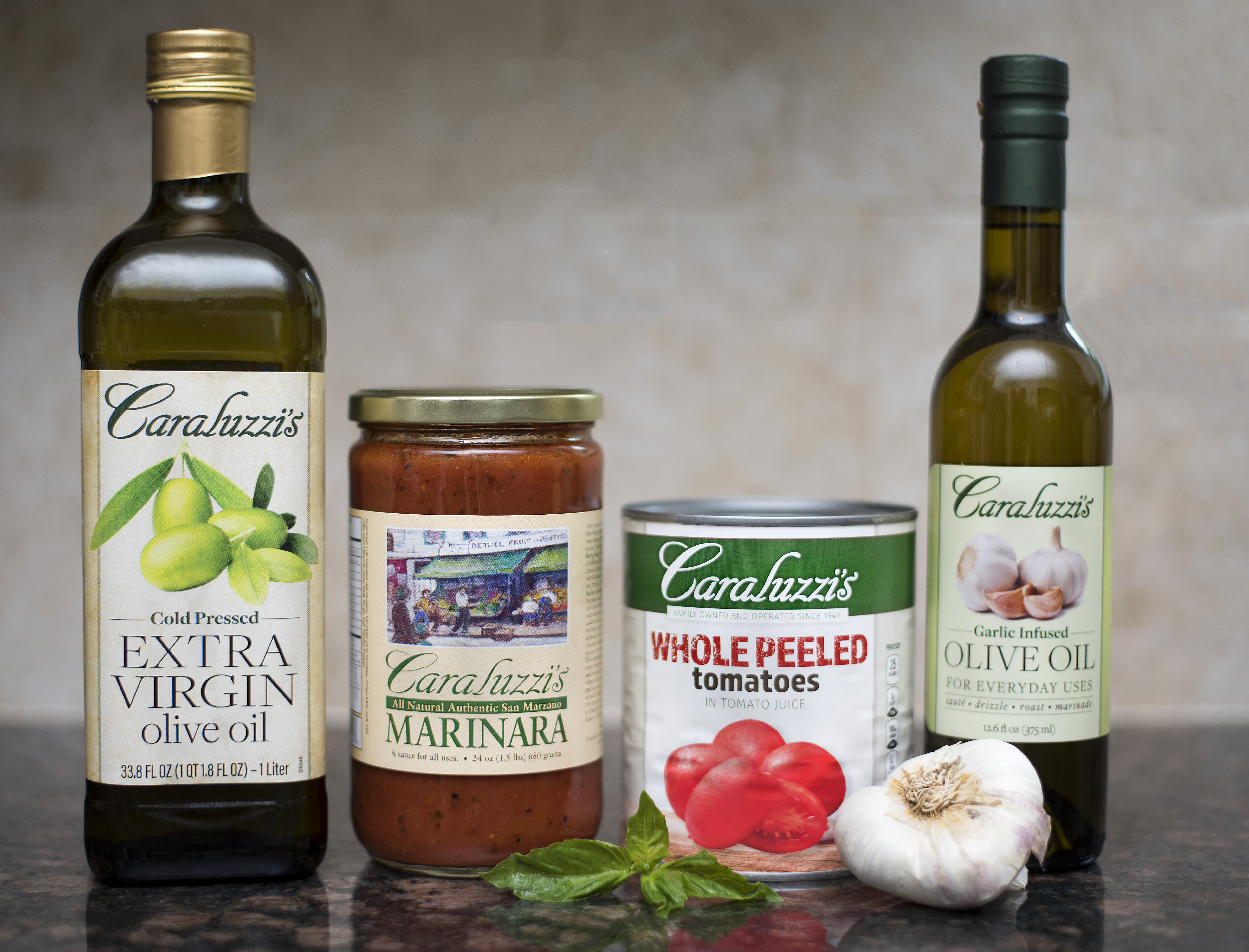 Caraluzzi's Extra Virgin Olive Oil, Marinara Sauce, Whole Peeled Tomatoes, and Flavored Olive Oil