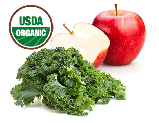 Red apple and bunch of kale with USDA organic logo.