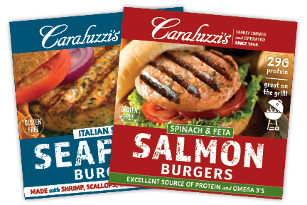 Package of Caraluzzi's Seafood Burgers and Caraluzzi's Salmon Burgers