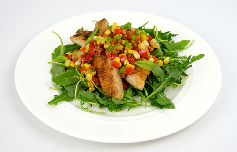 Sea Bass with Summer Corn and Bacon Relish